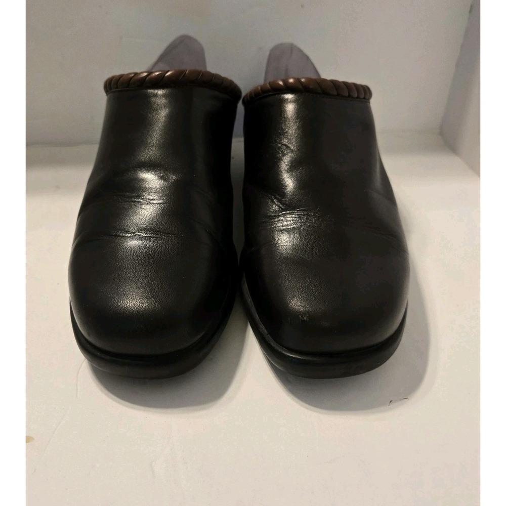 Cole Haan 9A Black Smooth Leather Low Heel Mule Loafer Rope Detail Retro Preppy